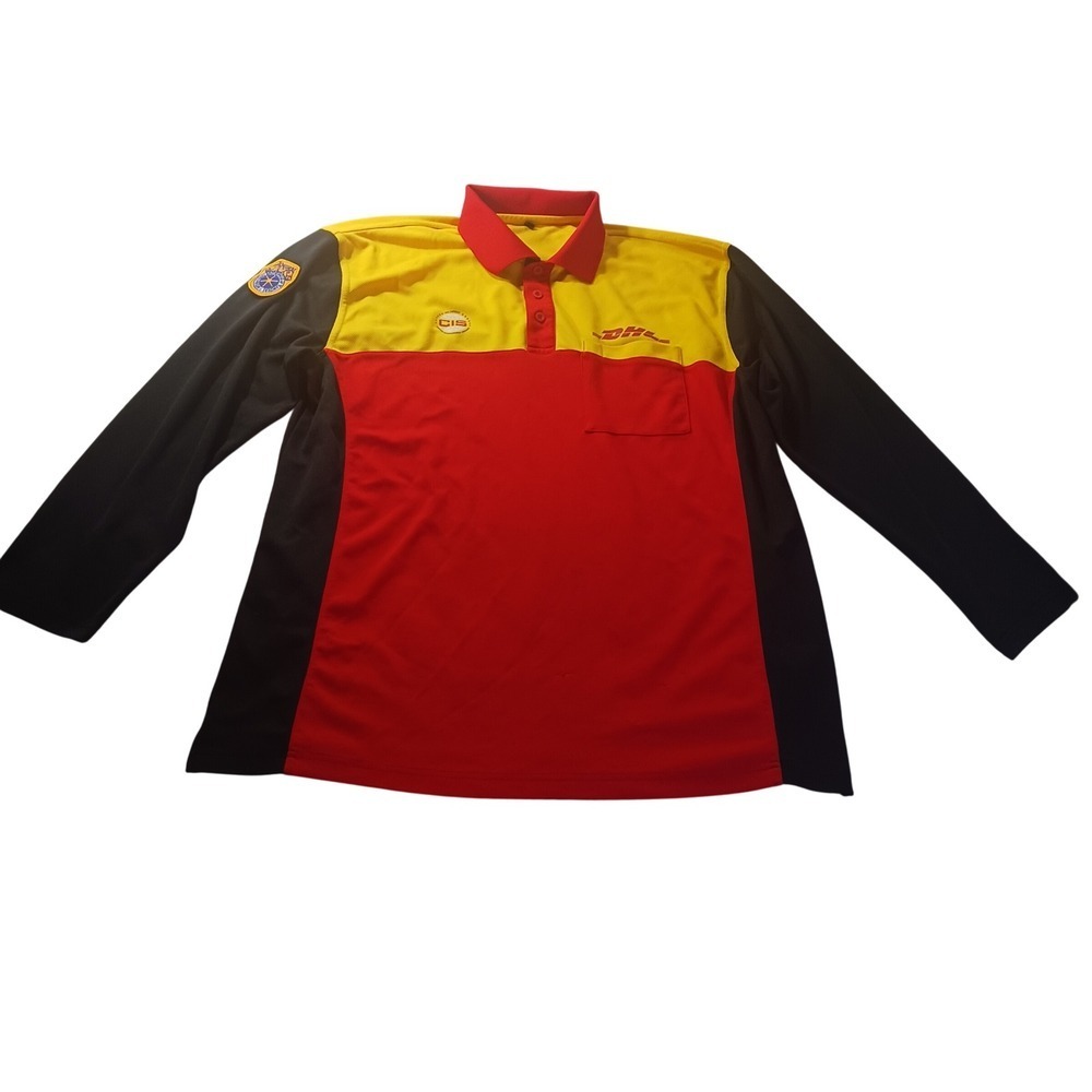 DHL CIS Uniform Polo L Long Sleeve‎ Red Yellow Black Workwear Shirt Colorblock